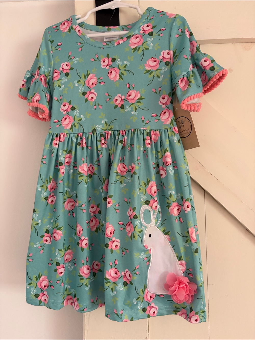 Girls Floral Ruffle Sleeve Dress - Aqua with Embroidered Bunny